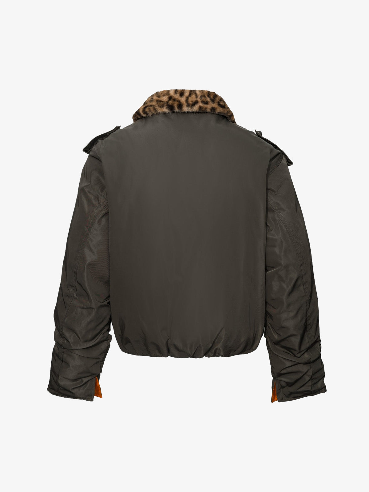 Leopard Faux-Fur Collar Button-Front Padded Coat; Deep Olive Green / S, Deep Olive Green / M, Deep Olive Green / L, Deep Olive Green / XL