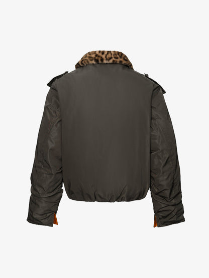 Leopard Faux-Fur Collar Button-Front Padded Coat; Deep Olive Green / S, Deep Olive Green / M, Deep Olive Green / L, Deep Olive Green / XL