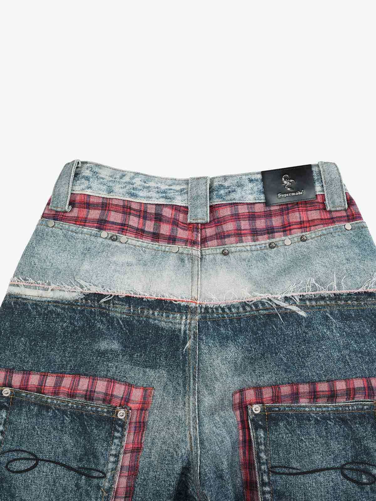 3D Grid Patchwork Distressed Jeans