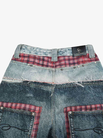 3D Grid Patchwork Distressed Jeans