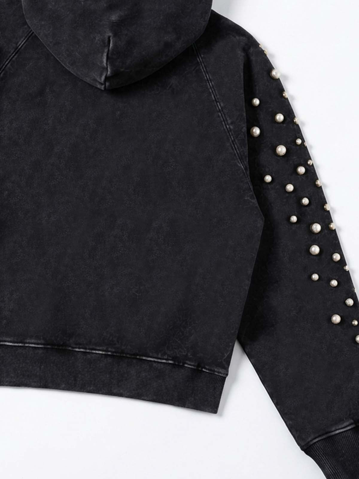 Pearl Studded Washed Distressed Cropped Hoodie