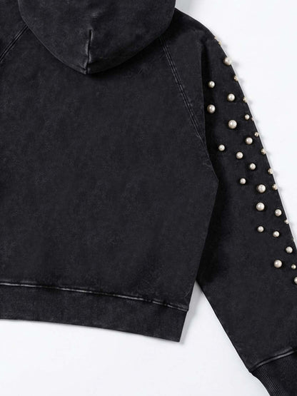 Pearl Studded Washed Distressed Cropped Hoodie