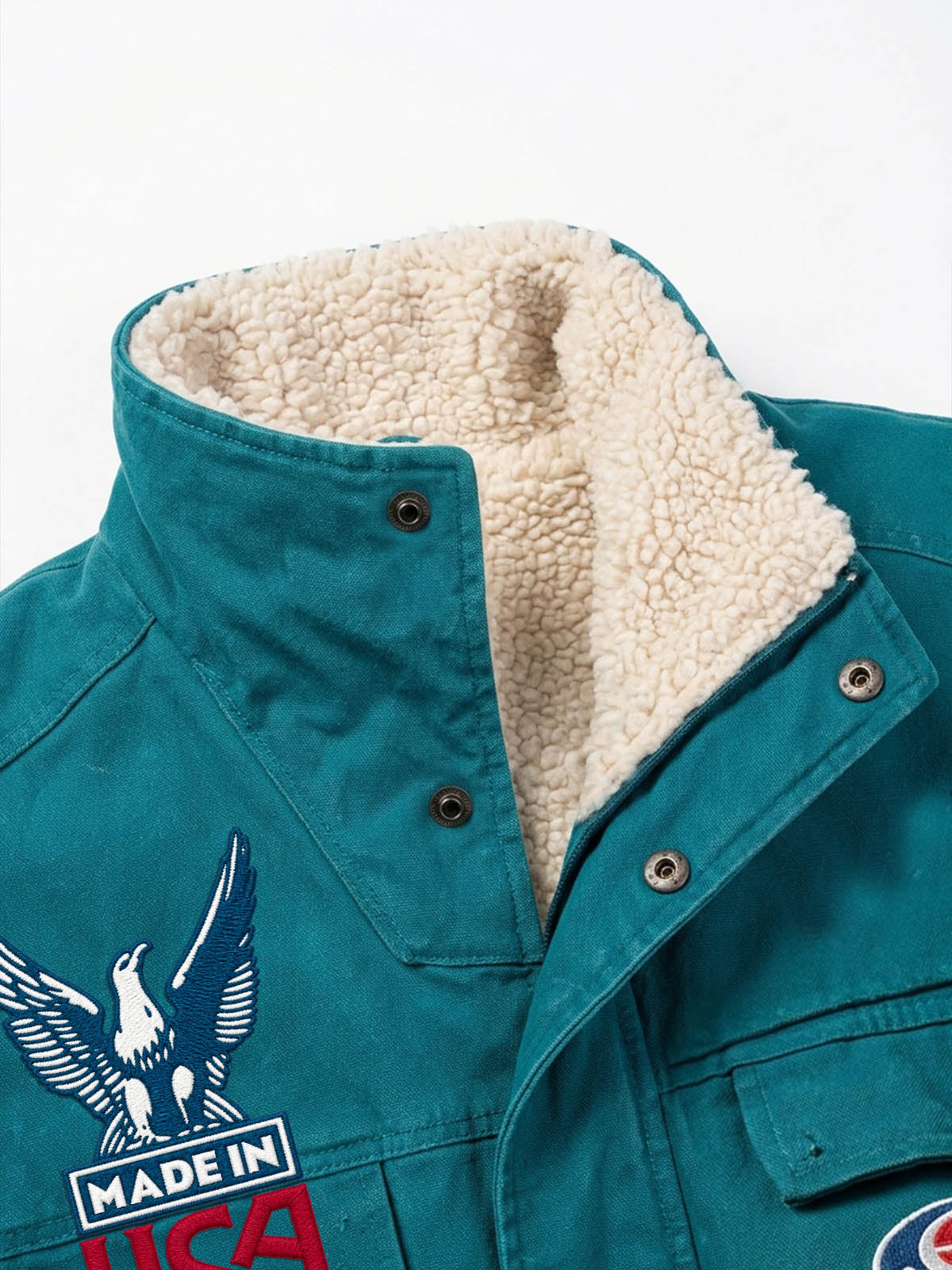 Embroidered Badge Distressed Fleece-Lined Teal Bomber Coat