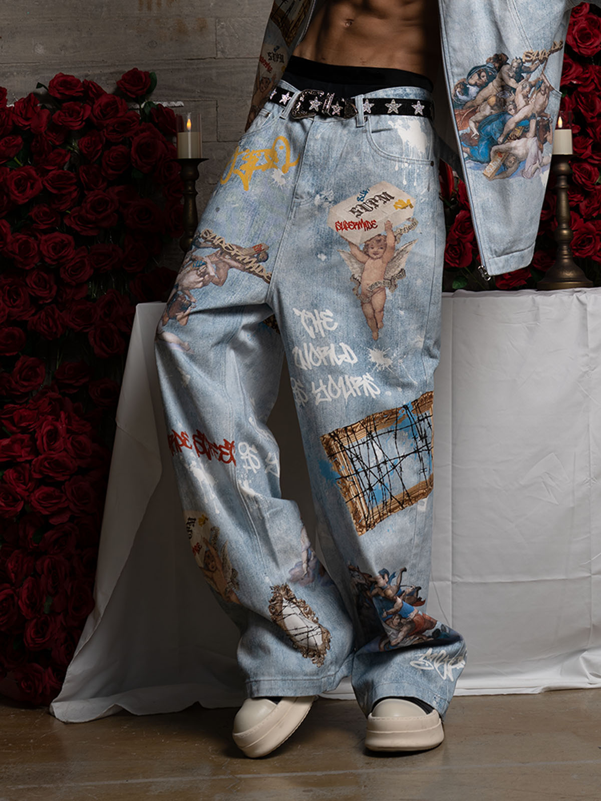 Retro Artistic Graffiti Angelic Prints Baggy Jeans - 2574; Blue / S, Blue / M, Blue / L, Blue / XL, Blue / 2XL, Blue / 3XL