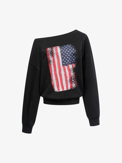 Flag Print Off-Shoulder Sweatshirt; Black / S, Black / M, Black / L