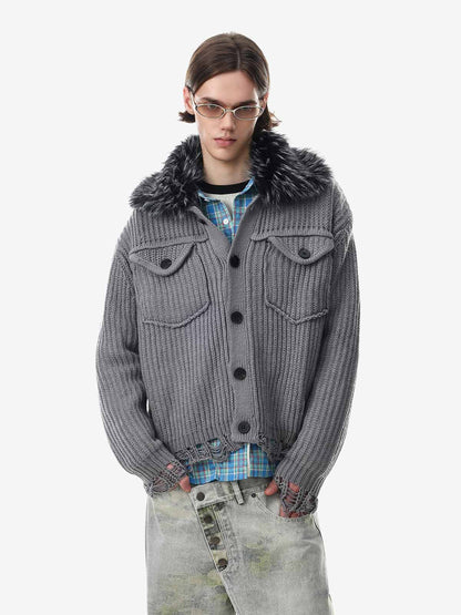 Faux-Fur Collar Distressed Knit Cardigan