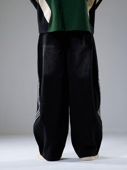 Contrast Side Stripe Denim Barrel Jeans - 2504; Black / S, Black / M, Black / L, Black / XL, Black / 2XL, Black / 3XL