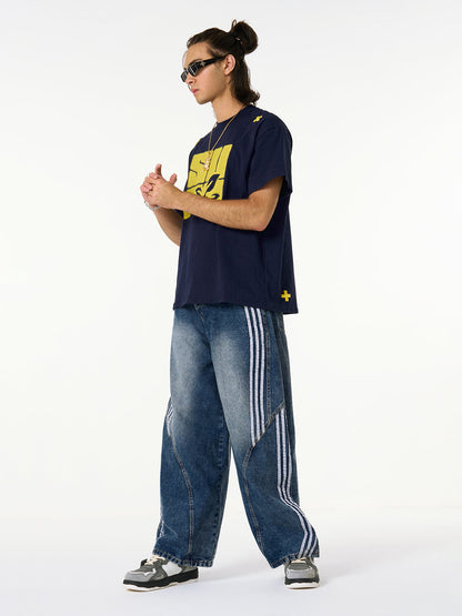 Contrast Side Stripe Denim Barrel Jeans - 2504; Blue / S, Blue / M, Blue / L, Blue / XL, Blue / 2XL, Blue / 3XL