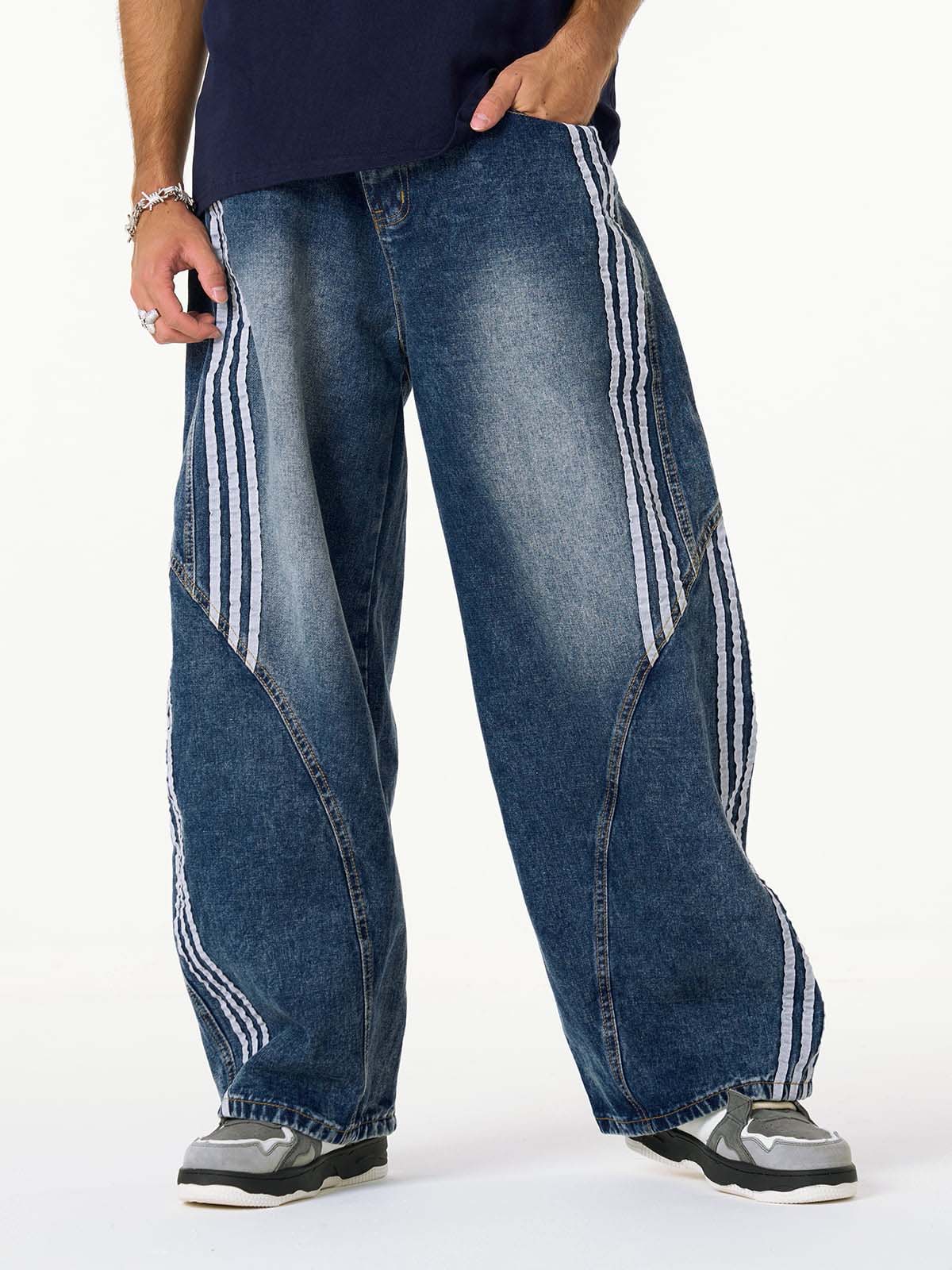 Contrast Side Stripe Denim Barrel Jeans - 2504; Blue / S, Blue / M, Blue / L, Blue / XL, Blue / 2XL, Blue / 3XL