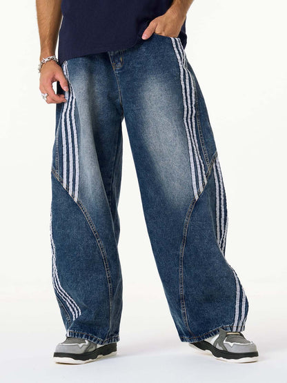 Contrast Side Stripe Denim Barrel Jeans - 2504; Blue / S, Blue / M, Blue / L, Blue / XL, Blue / 2XL, Blue / 3XL