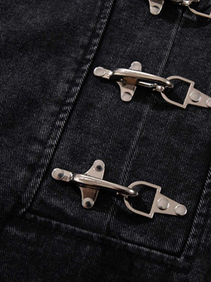 Denim Hoodie with Metal Toggle Closure Black Oversized Sweatshirt; Black / M, Black / L, Black / XL