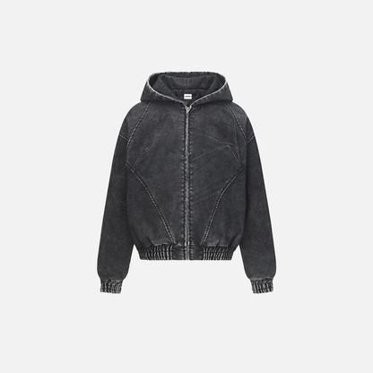 Vintage Distressed Zip-Up Hooded Washed Sweatshirt