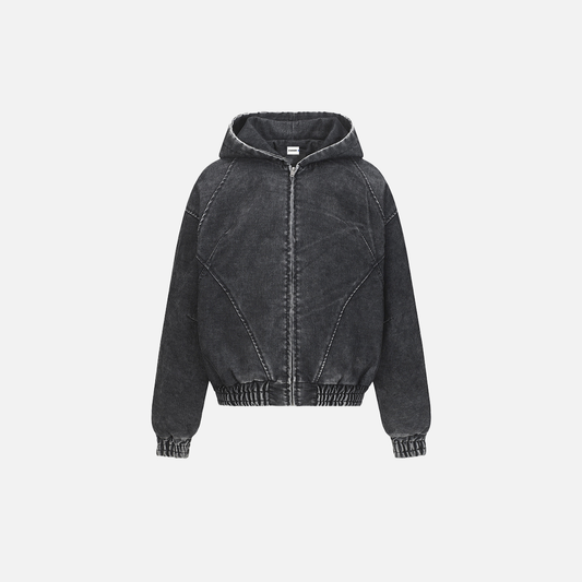 Vintage Distressed Zip-Up Hooded Washed Sweatshirt