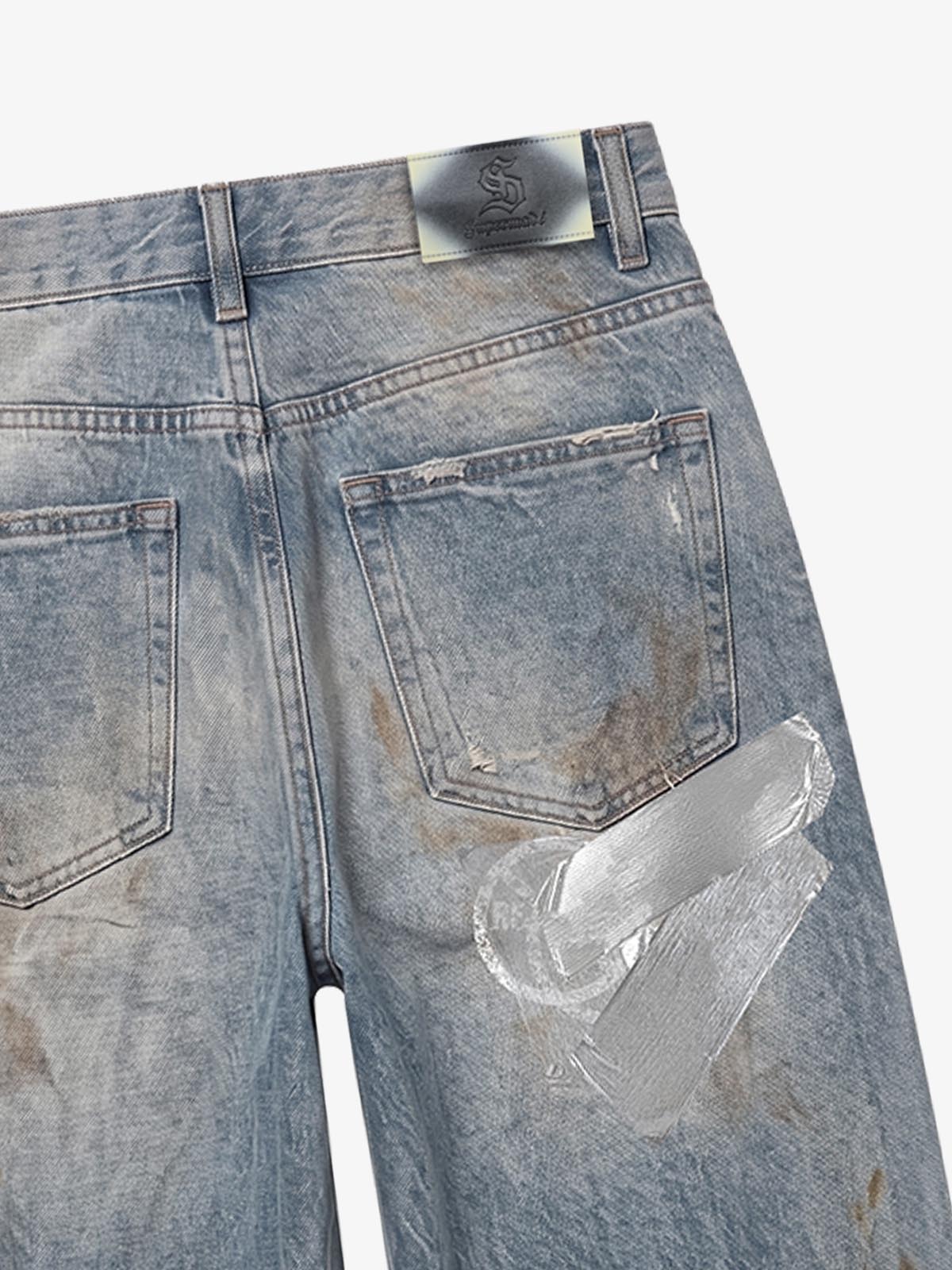Foil-Tape Distressed Ripped Heavyweight Jeans; Washed Denim Blue / S, Washed Denim Blue / M, Washed Denim Blue / L, Washed Denim Blue / XL, Washed Denim Blue / 2XL