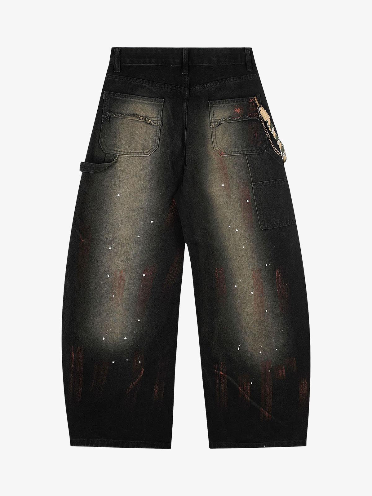 Vintage Inkjet Dirty Dye Washed Scimitar Distressed Jeans; Black / S, Black / M, Black / L, Black / XL, Black / 2XL, Black / 3XL