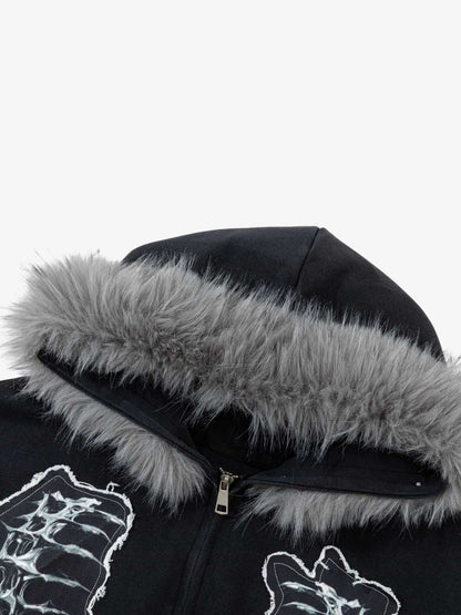 Metal Skeleton Fur Zip-Up Hoodie