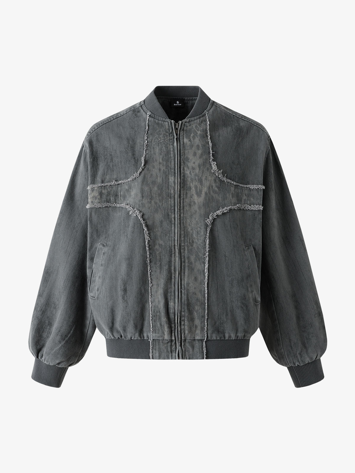 Leopard Distressed Bomber Jacket; Gray / S, Gray / M, Gray / L, Gray / XL