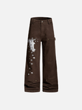 Trendy Print Design Wide Leg Denim Cargo Jeans
