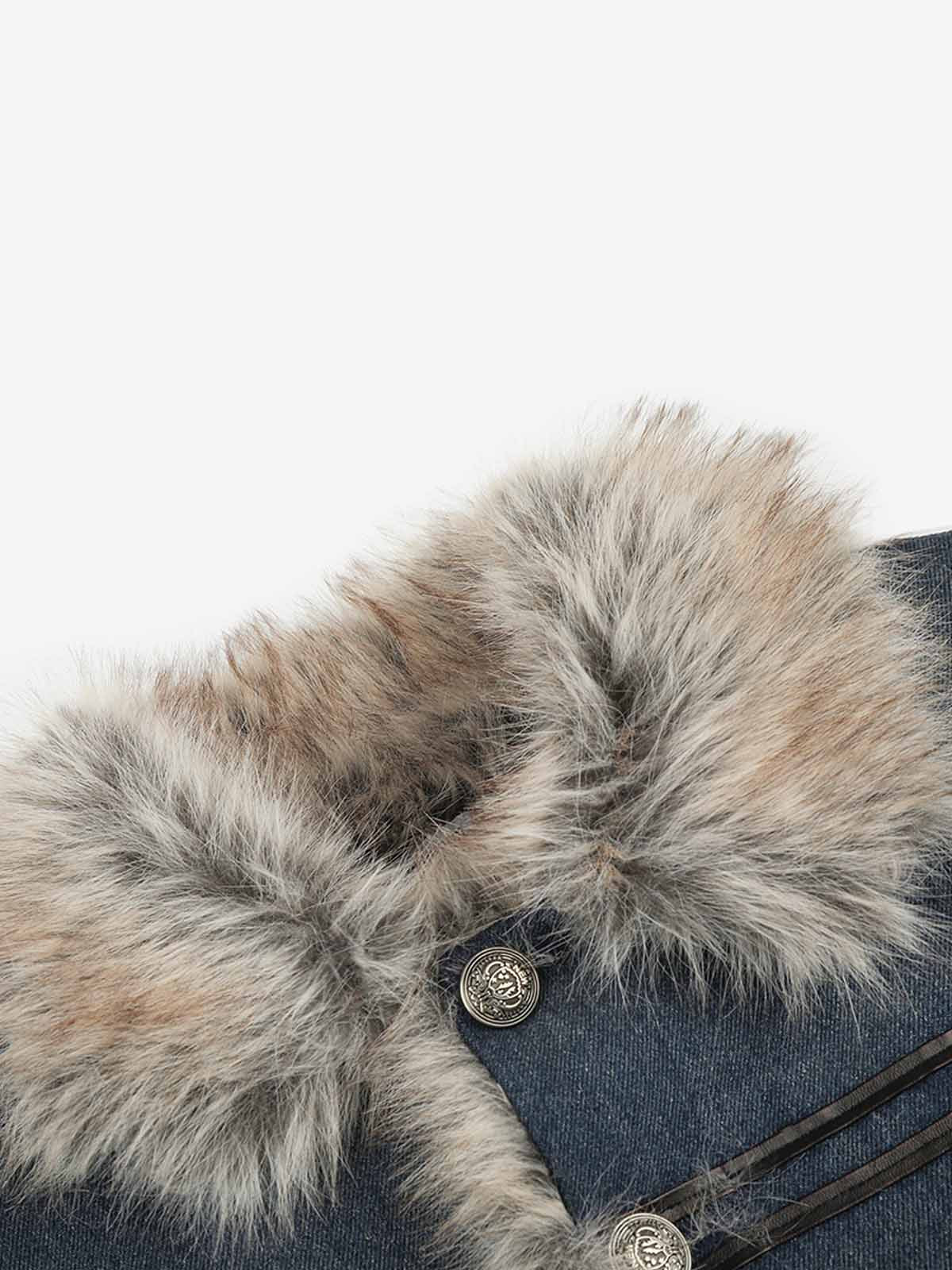 Faux-Fur Collar Multi-Button Quilted Coat; Blue / S, Blue / M, Blue / L, Blue / XL