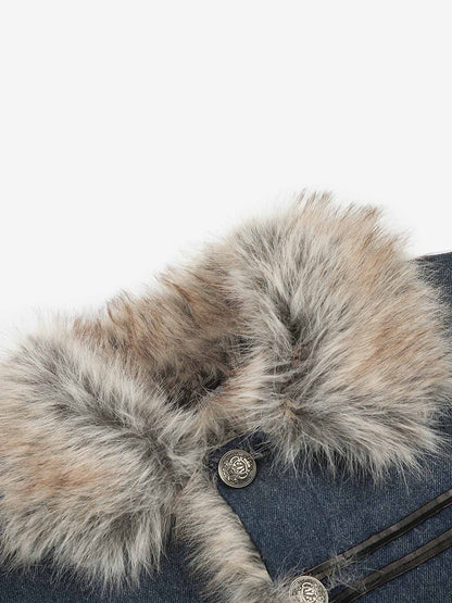 Faux-Fur Collar Multi-Button Quilted Coat; Blue / S, Blue / M, Blue / L, Blue / XL