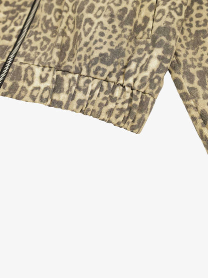 Leopard Embroidered Pocket Color Block Denim Jacket; Leopard / M, Leopard / L, Leopard / XL