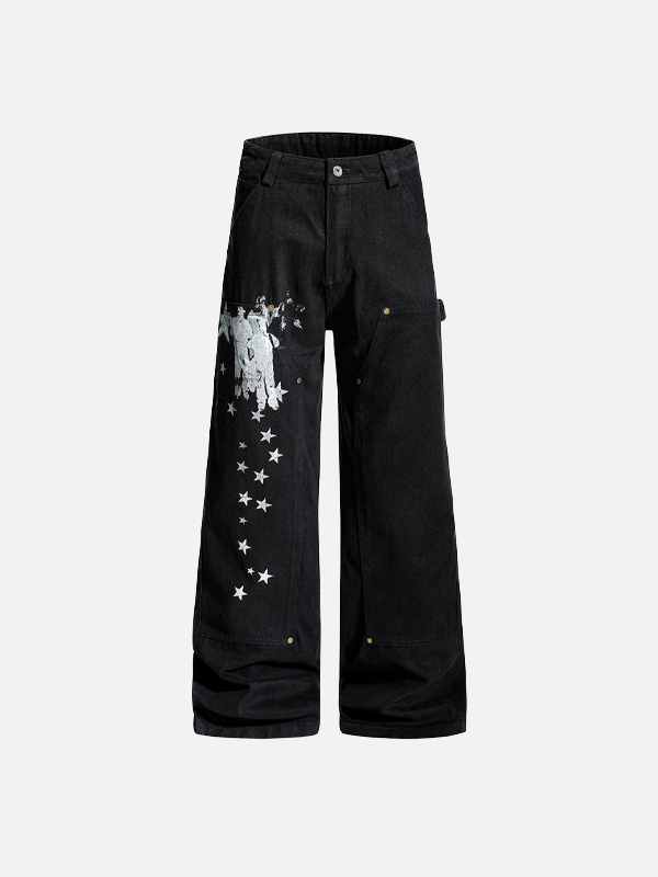 Trendy Print Design Wide Leg Denim Cargo Jeans