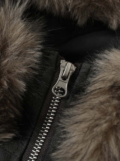 Letter Graphic Fur-Collar Zip-Up Jacket; Gray Black / S, Gray Black / M, Gray Black / L, Gray Black / XL
