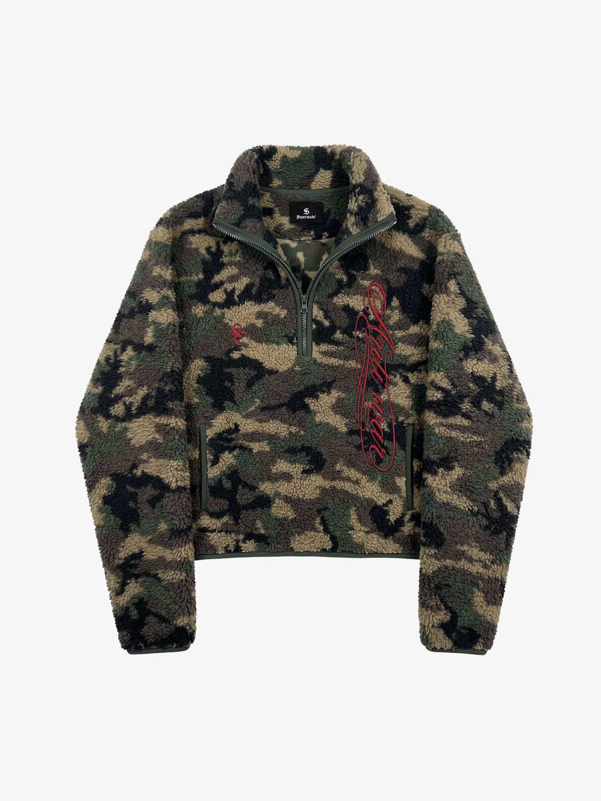 Letter Embroidered Camo Fleece Pullover Jacket; Forest Camouflage / S, Forest Camouflage / M, Forest Camouflage / L, Forest Camouflage / XL, Forest Camouflage / 2XL