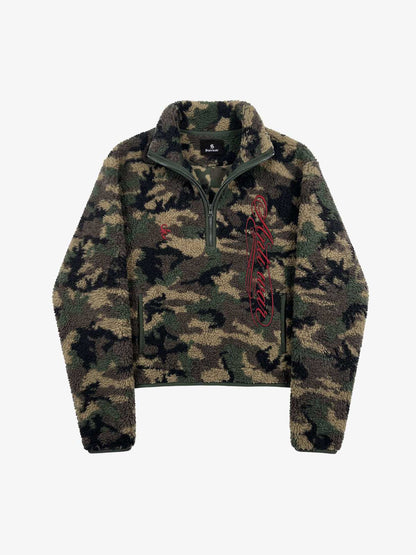 Letter Embroidered Camo Fleece Pullover Jacket; Forest Camouflage / S, Forest Camouflage / M, Forest Camouflage / L, Forest Camouflage / XL, Forest Camouflage / 2XL