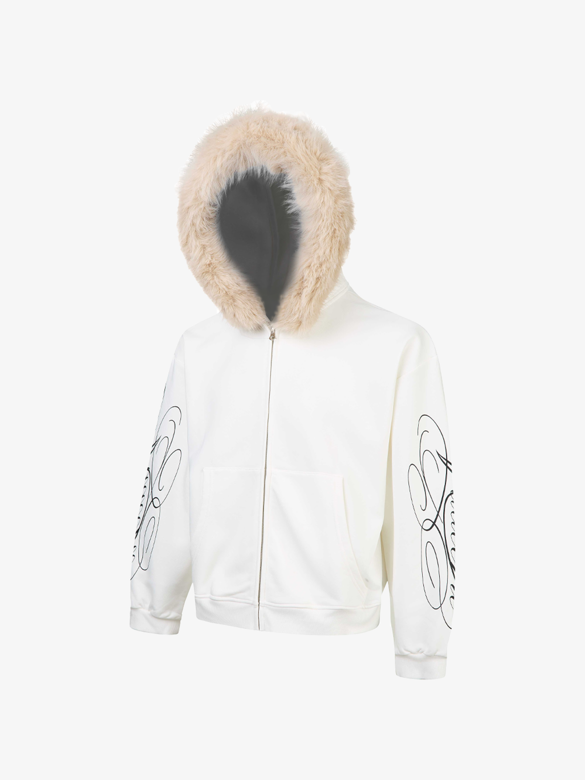 Fur-Trim Sleeve Graphic Zip Hoodie; White / M, White / L, White / XL, White / 2XL