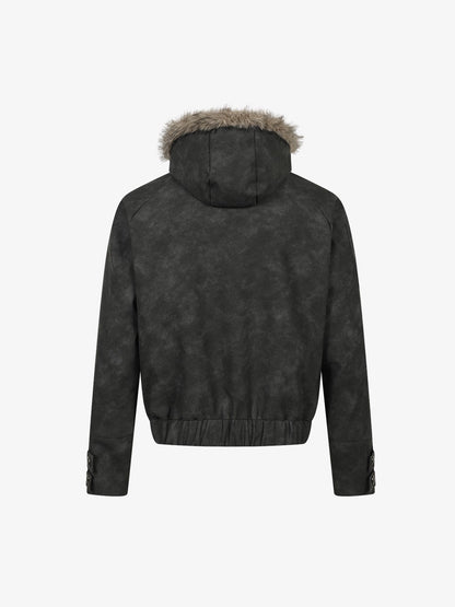 Letter Graphic Fur-Collar Zip-Up Jacket; Gray Black / S, Gray Black / M, Gray Black / L, Gray Black / XL