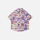 Vibrant Cartoon Graphic Button-Up Beach Shirt