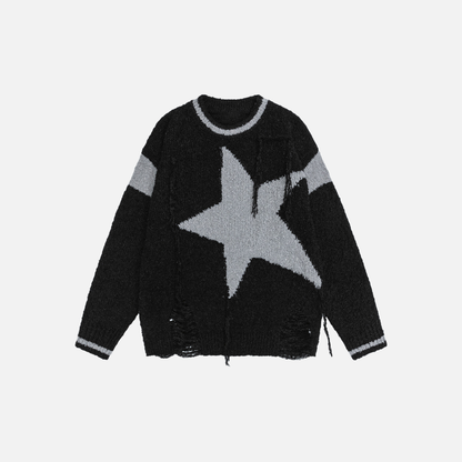 Cozy Ripped Star Printed Crewneck Sweater