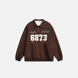 Front view of the brown Y2K Loose Sports Sweatshirt in a gray background