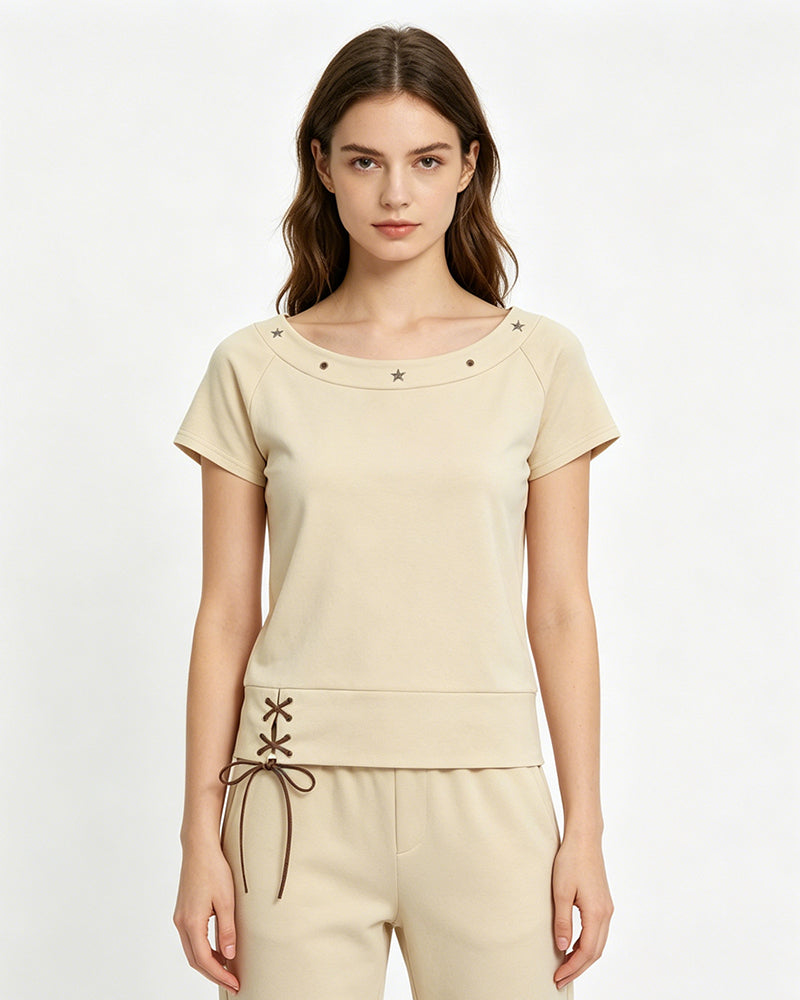 Lace-Up Detail Fitted Short Sleeve Top