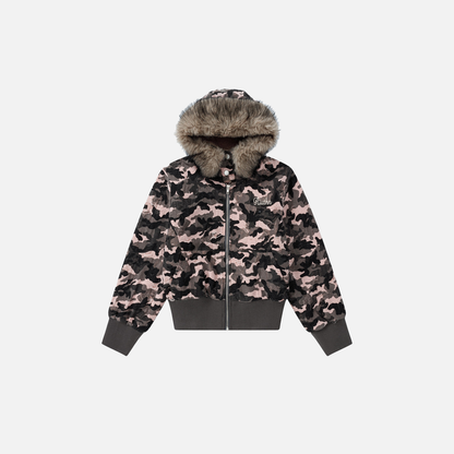 Chic Retro Camouflage Faux Furr Hooded Jacket