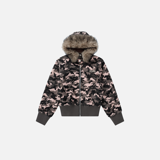 Chic Retro Camouflage Faux Furr Hooded Jacket