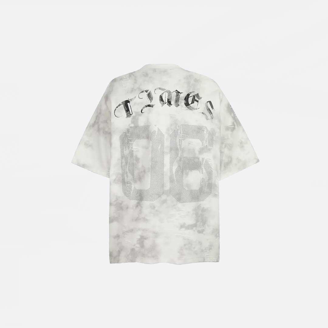 Back view of the white Vintage Graphic Printed Grunge T-Shirt in a gray background