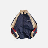 Blue color of the Patchwork Color Block Thin Jacket in a gray background 