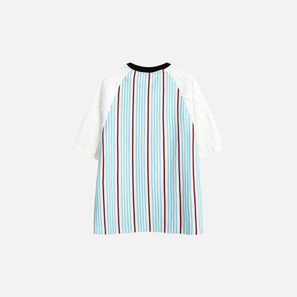 Back view of the blue Striped Casual Raglan T-shirt in a gray background
