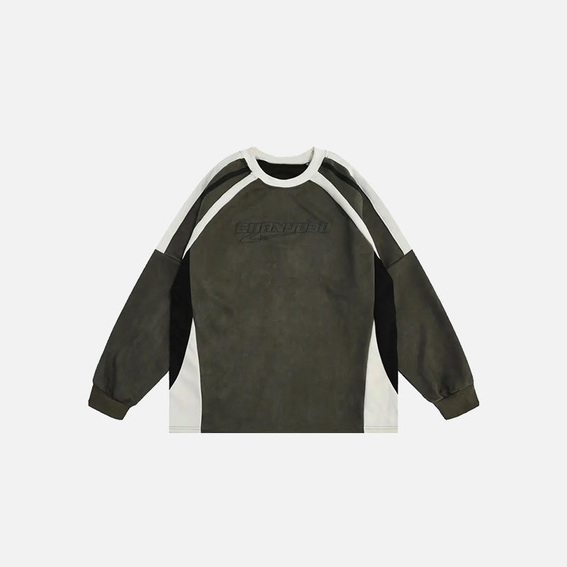 Front view of the green Retro Embroidery Patchwork Sweatshirt in a gray background