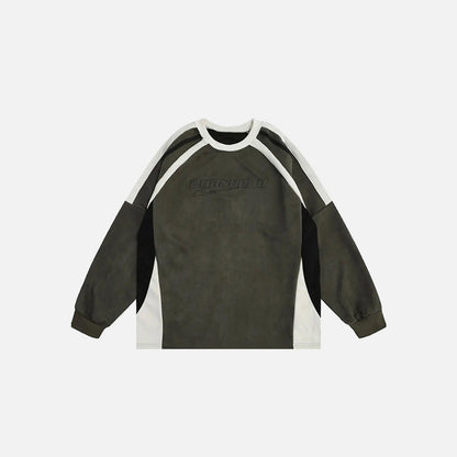 Front view of the green Retro Embroidery Patchwork Sweatshirt in a gray background