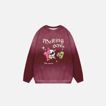 Front view of the fuchsia Mystic Melting Bones Sweatshirt in a gray background