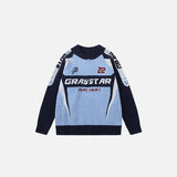 Front view of the blue Turbo Drive Sweater in a gray background
