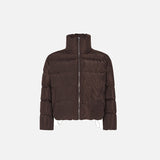 Front view of the coffee Solid Color Pleated Padded  jacket in a gray background