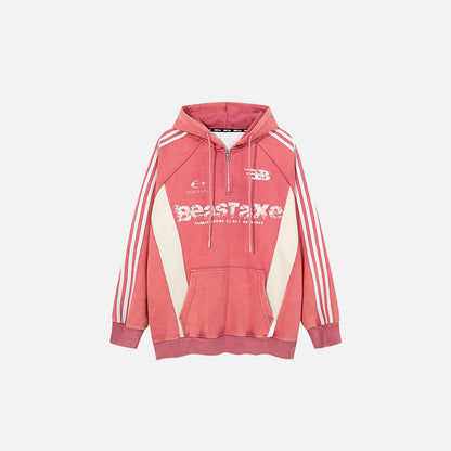 Front view of the pink Retro Striped Logo Hoodie in a gray background