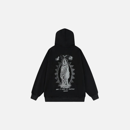 Back view of the black Heavenly Guardian Scared Art Hoodie in a gray background