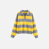 Insulated V-Neck Collar Striped Knit Polo Sweater