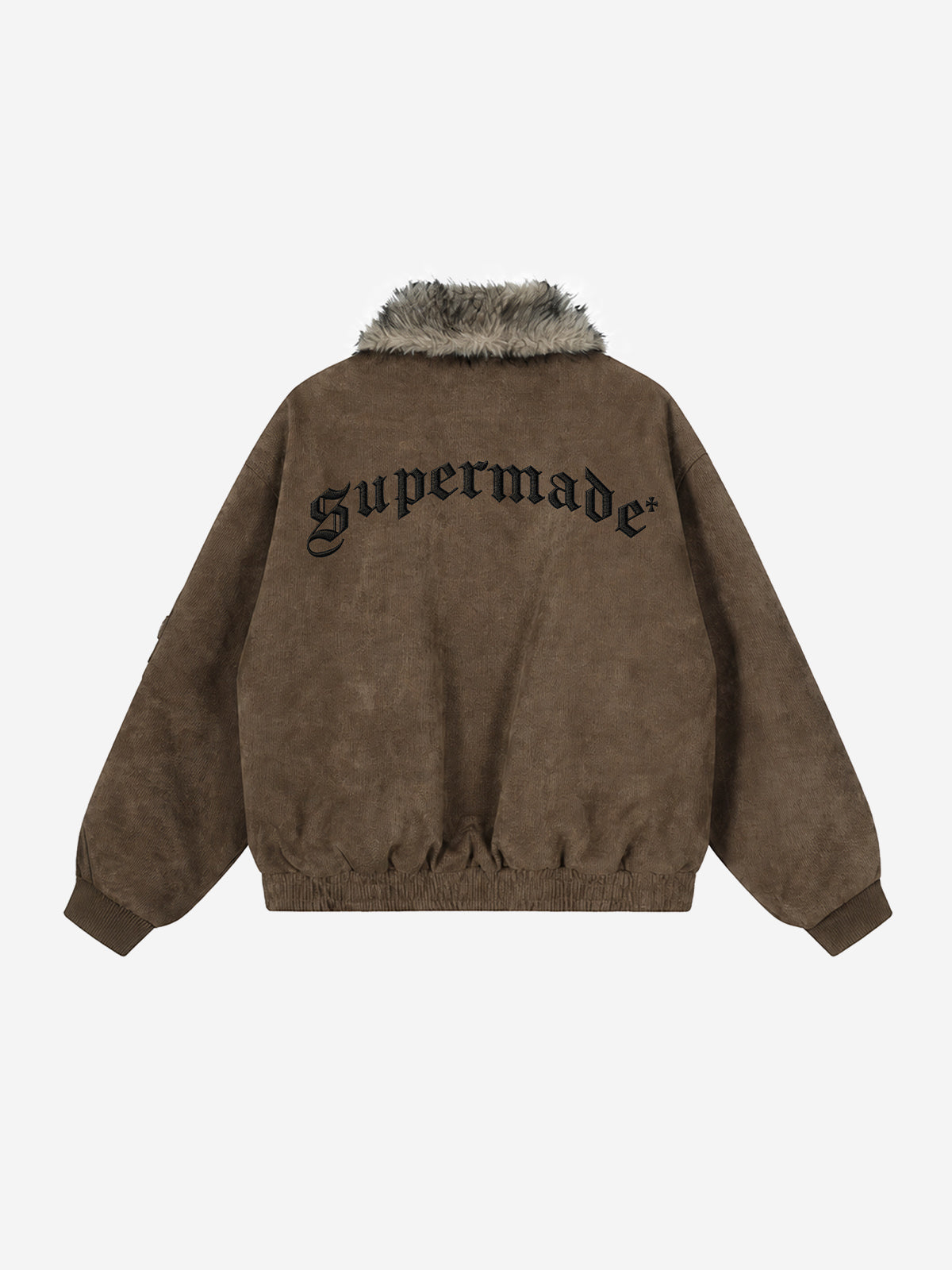 Embroidered Faux-Fur Collar Oversized Distressed Bomber Jacket; Brown / S, Brown / M, Brown / L, Brown / XL, Brown / 2XL