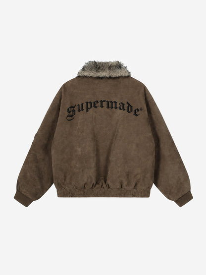 Embroidered Faux-Fur Collar Oversized Distressed Bomber Jacket; Brown / S, Brown / M, Brown / L, Brown / XL, Brown / 2XL